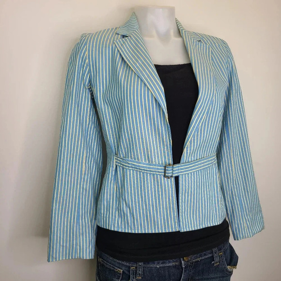 Express Vintage Y2K Pale Blue Yellow Striped Cotton Blazer Jacket 0 - Picture 4 of 10